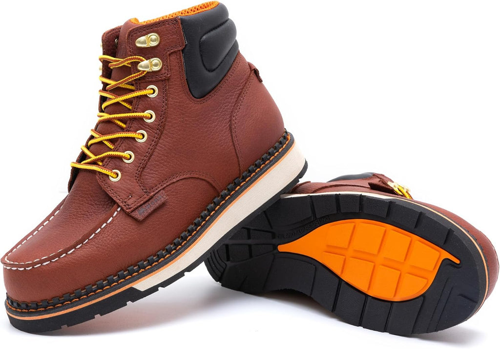 MWORK Men's 6 Inch Soft Moc Toe Work Boot, Premium Full-Grain Leather, Abrasion & Oil & Slip Toughest Wedge Sole, EH Rated, Arch Support Anti Fatigue