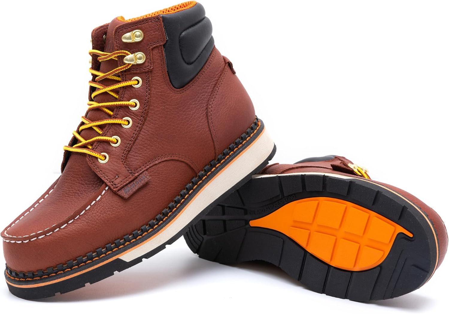 MWORK Men's 6 Inch Soft Moc Toe Work Boot, Premium Full-Grain Leather, Abrasion & Oil & Slip Toughest Wedge Sole, EH Rated, Arch Support Anti Fatigue