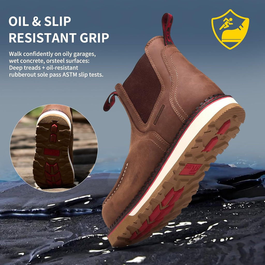 MWORK Welted Blunt Slip-On Men's 6" Moc Toe Water-Resistant Work Boots,Comp Toe, Puncture Proof,Non-Slip Wedge Sole,Coolmax Comfort Leather Safety Boot,Anti-Fatigue,ASTM F2413 Electrical Hazard RR7130