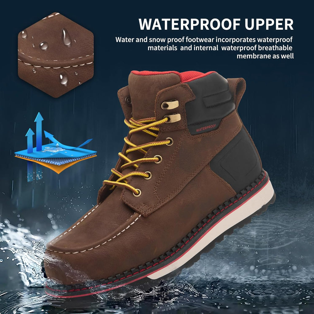MWORK Welted Blunt Men's 6" Moc Toe Waterproof Work Boots, Comp Toe, Puncture Proof, Slip Resistant Wedge Sole, Coolmax Comfort Leather Safety Boot, Anti-Fatigue, ASTM F2413 Electrical Hazard RR7129