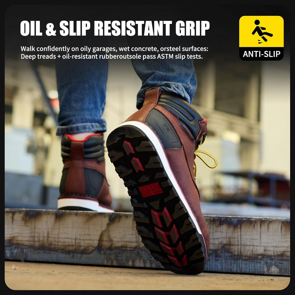 MWORK Welted Blunt Men's 6" Moc Toe Waterproof Work Boots, Comp Toe, Puncture Proof, Slip Resistant Wedge Sole, Coolmax Comfort Leather Safety Boot, Anti-Fatigue, ASTM F2413 Electrical Hazard RR7129