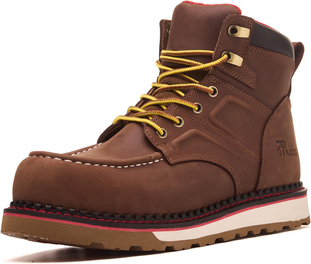 MWORK Welted Blunt Men's 6" Moc Toe Waterproof Work Boots, Comp Toe, Puncture Proof, Slip Resistant Wedge Sole, Coolmax Comfort Leather Safety Boot, Anti-Fatigue, ASTM F2413 Electrical Hazard RR7128