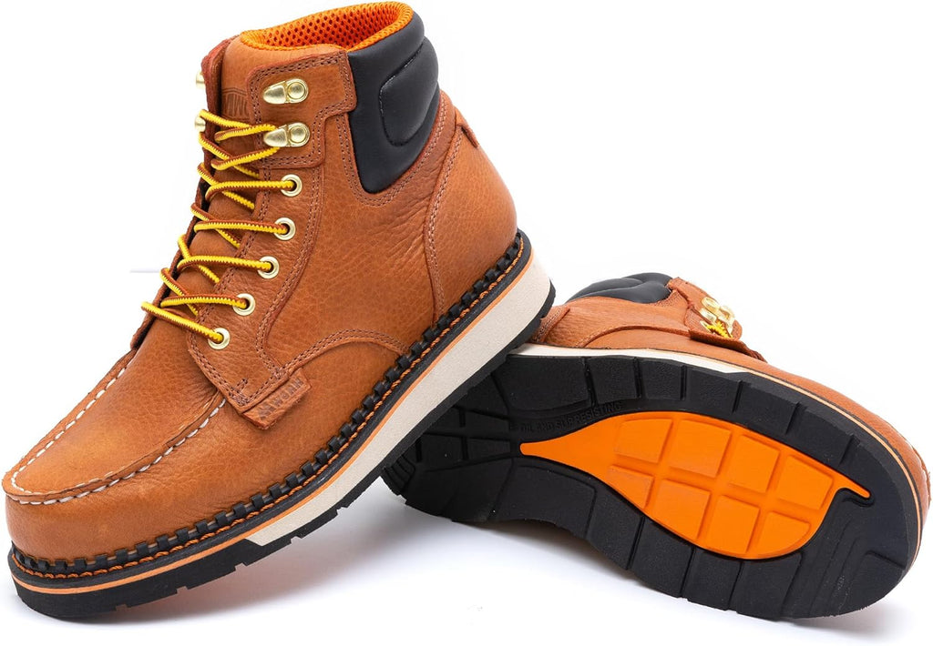 MWORK Men's 6 Inch Soft Moc Toe Work Boot, Premium Full-Grain Leather, Abrasion & Oil & Slip Toughest Wedge Sole, EH Rated, Arch Support Anti Fatigue