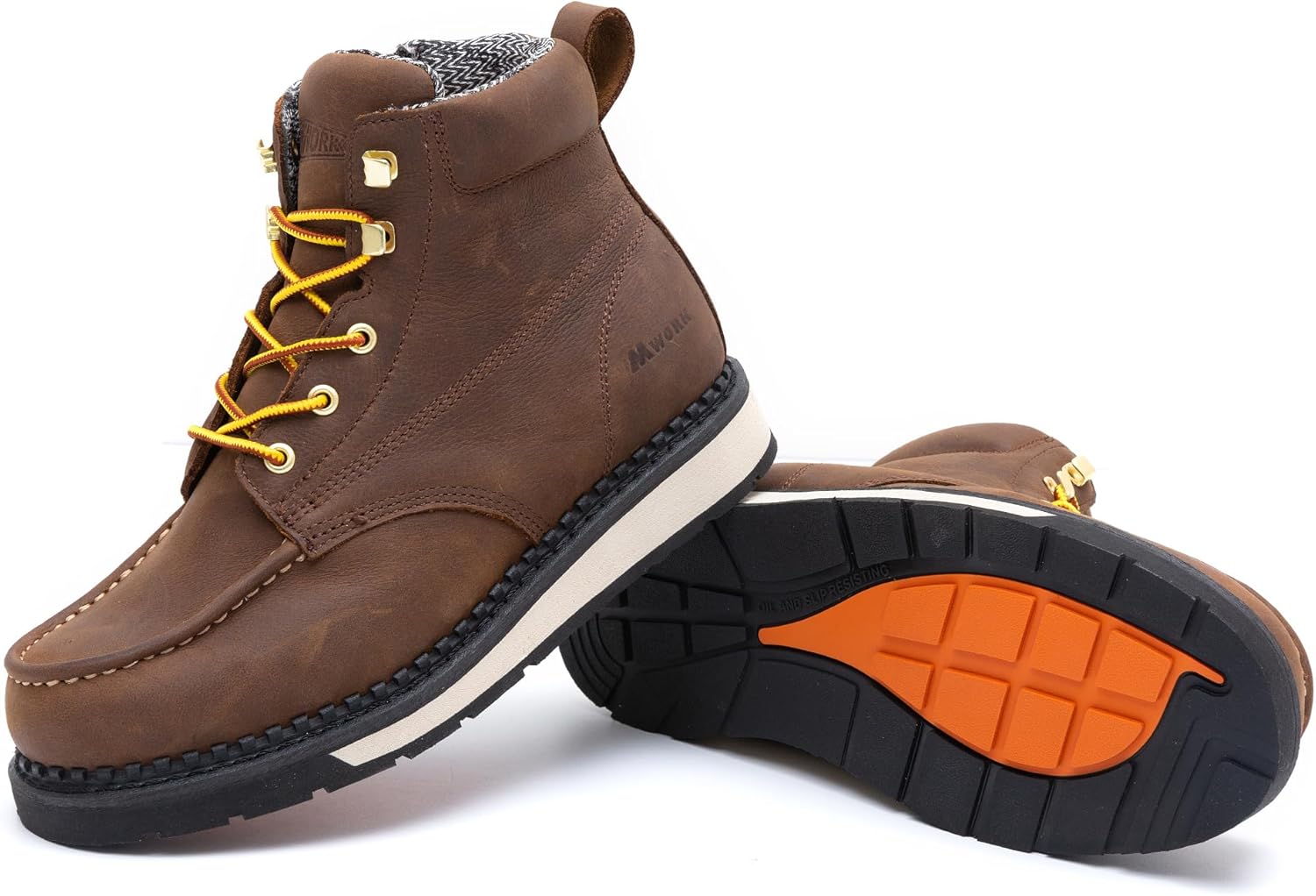 MWORK Men's 6 Inch Soft Moc Toe Work Boot, Premium Full-Grain Leather, Abrasion & Oil & Slip Toughest Wedge Sole, EH Rated, Arch Support Anti Fatigue