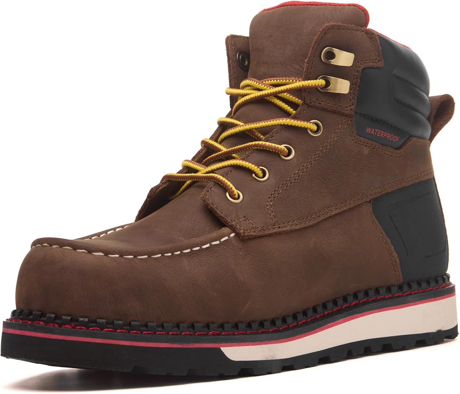 MWORK Welted Blunt Men's 6" Moc Toe Waterproof Work Boots, Comp Toe, Puncture Proof, Slip Resistant Wedge Sole, Coolmax Comfort Leather Safety Boot, Anti-Fatigue, ASTM F2413 Electrical Hazard RR7129