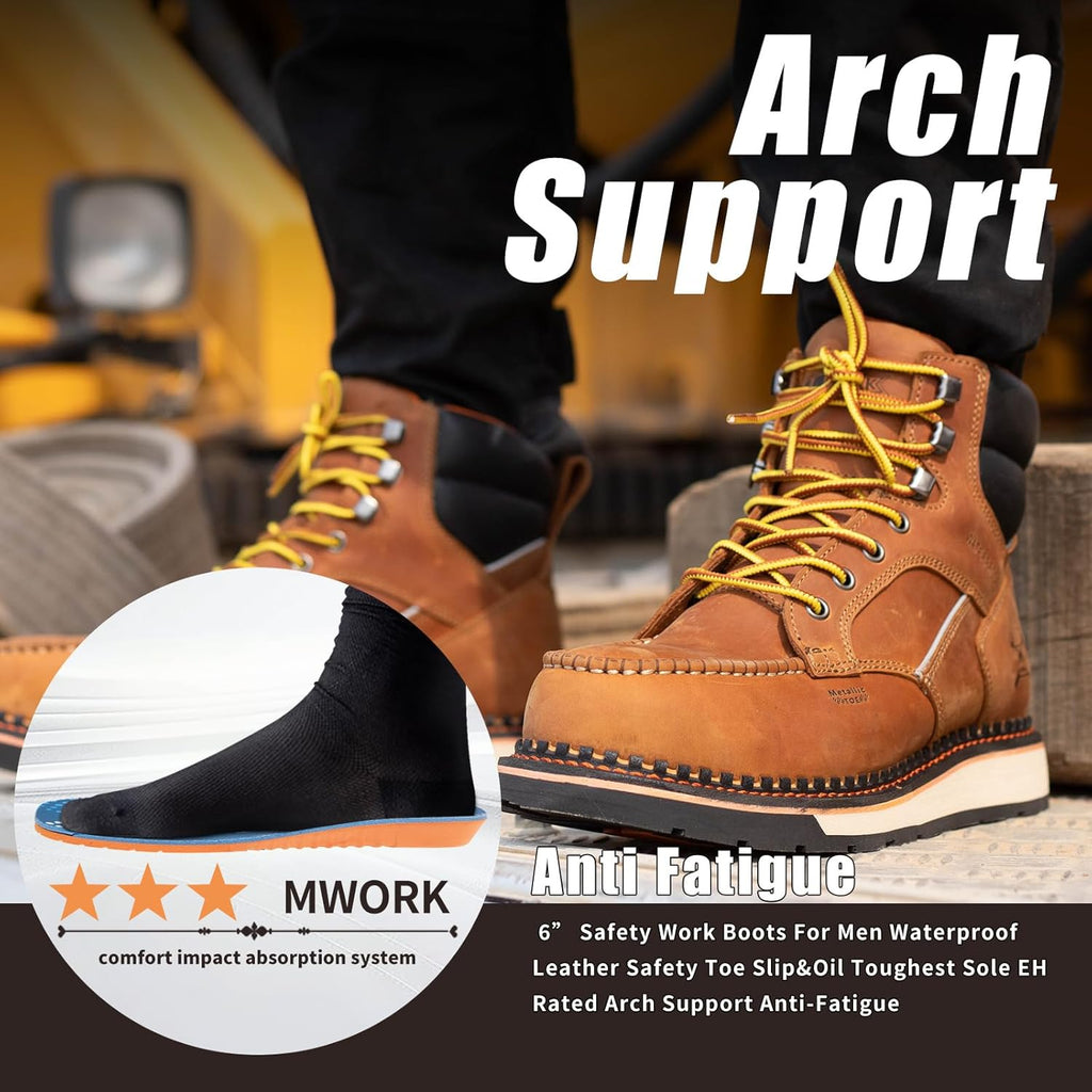 MWORK 6" Moc Toe Work Boots For Men Wedge Sole Leather Waterproof ASTM F2413-18 Safety Metallic Toe EH Rated Arch Support Anti Fatigue