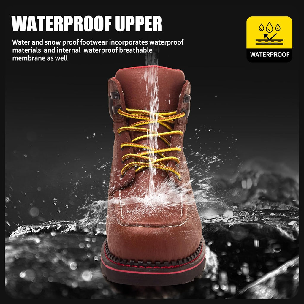 MWORK Welted Blunt Men's 6" Moc Toe Waterproof Work Boots, Comp Toe, Puncture Proof, Slip Resistant Wedge Sole, Coolmax Comfort Leather Safety Boot, Anti-Fatigue, ASTM F2413 Electrical Hazard RR7129