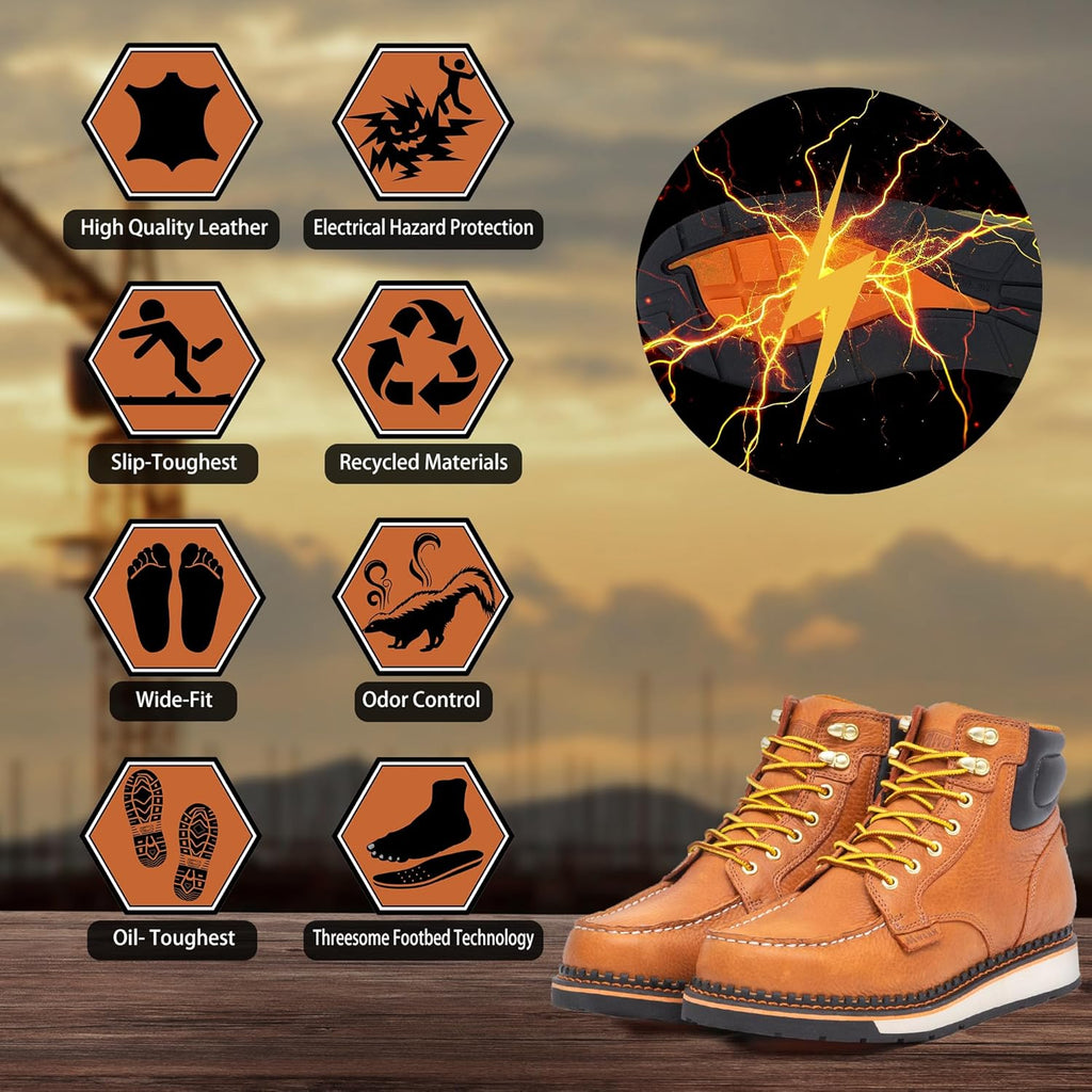 MWORK Men's 6 Inch Soft Moc Toe Work Boot, Premium Full-Grain Leather, Abrasion & Oil & Slip Toughest Wedge Sole, EH Rated, Arch Support Anti Fatigue