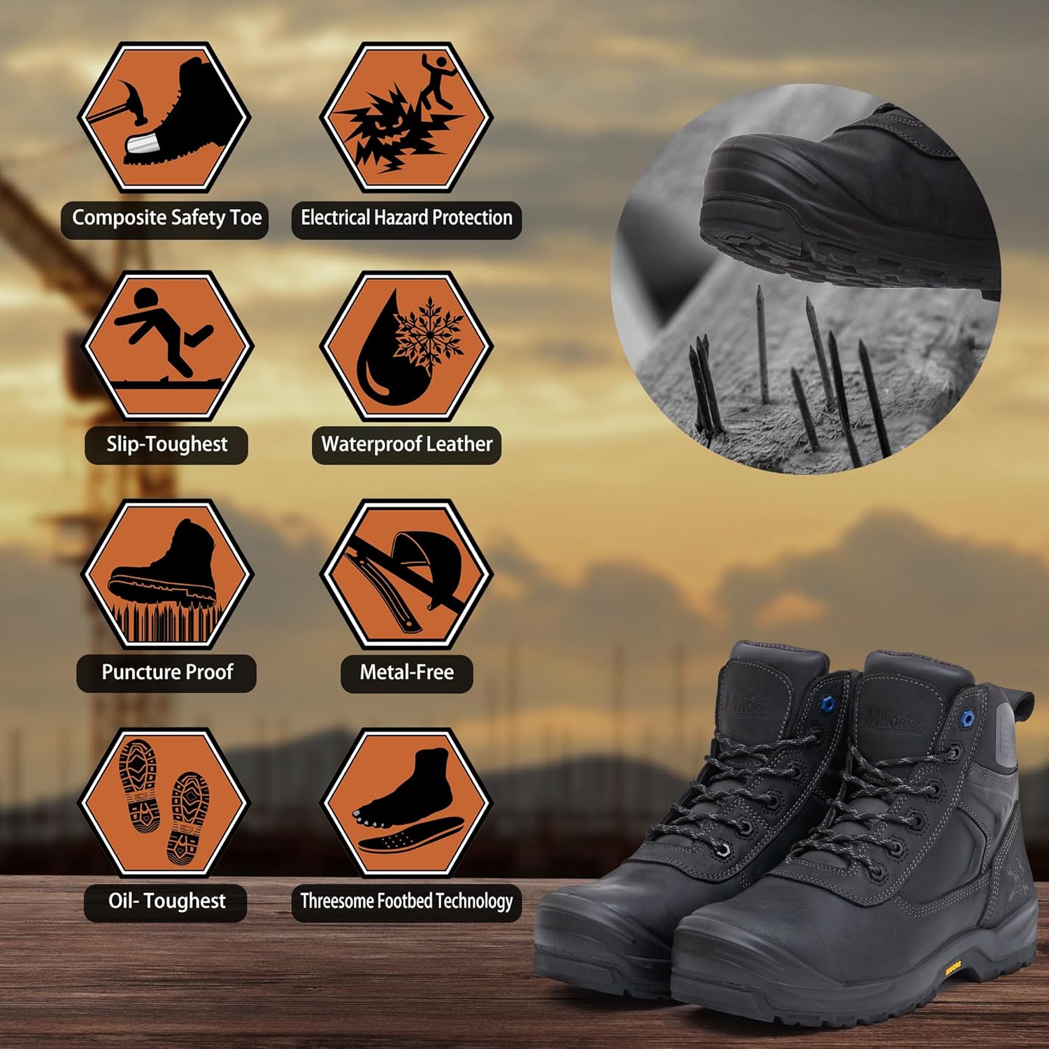 MWORK 6" Safety Work Boots For Men Water Resistant Composite Toe Puncture Resistant EH Non Slip No Metal ASTM F2413-18 Comfortable&Durable MW9276