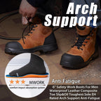 MWORK 6" Work Boots For Men Waterproof Leather ASTM F2413-18 Composite Safety Toe EH Rated Arch Support Anti Fatigue