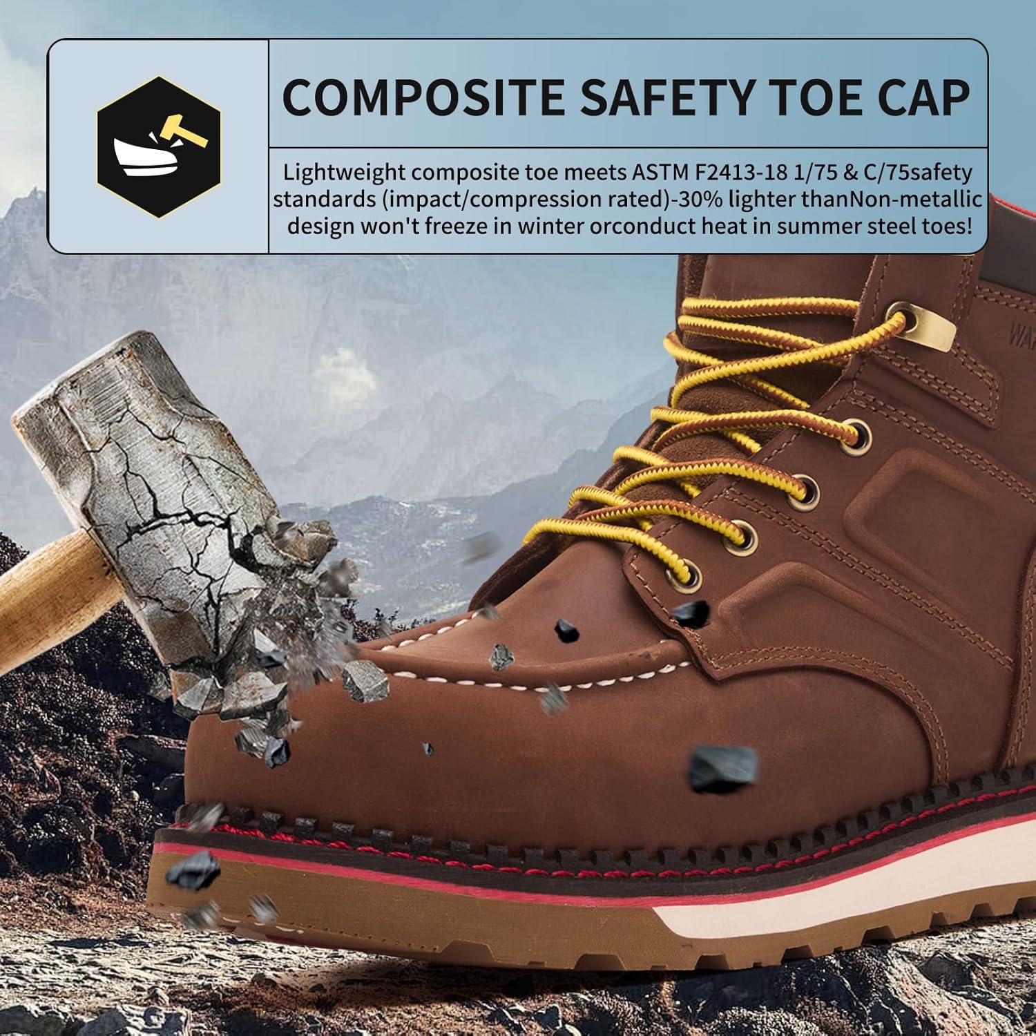 MWORK Welted Blunt Men's 6" Moc Toe Waterproof Work Boots, Comp Toe, Puncture Proof, Slip Resistant Wedge Sole, Coolmax Comfort Leather Safety Boot, Anti-Fatigue, ASTM F2413 Electrical Hazard RR7128