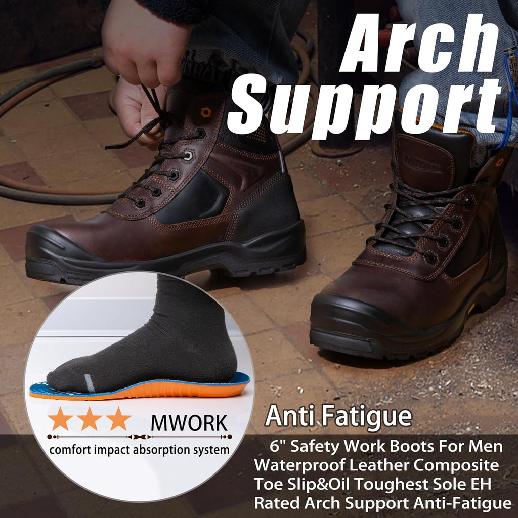 MWORK 6" Safety Work Boots For Men Water Resistant Composite Toe Puncture Resistant EH Non Slip No Metal ASTM F2413-18 Comfortable&Durable MW9276