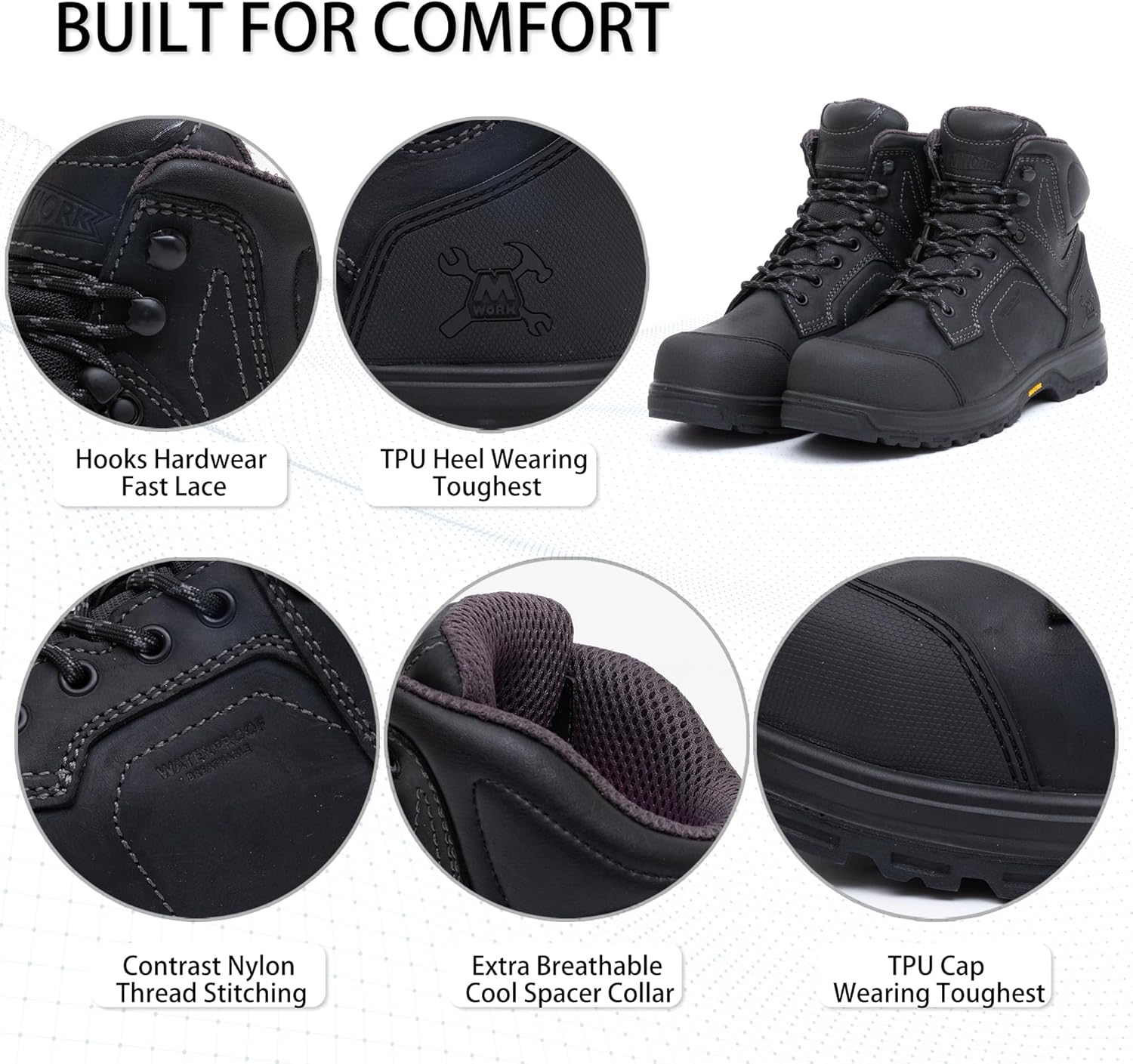 MWORK 6" Work Boots For Men Waterproof Leather ASTM F2413-18 Composite Safety Toe EH Rated Arch Support Anti Fatigue