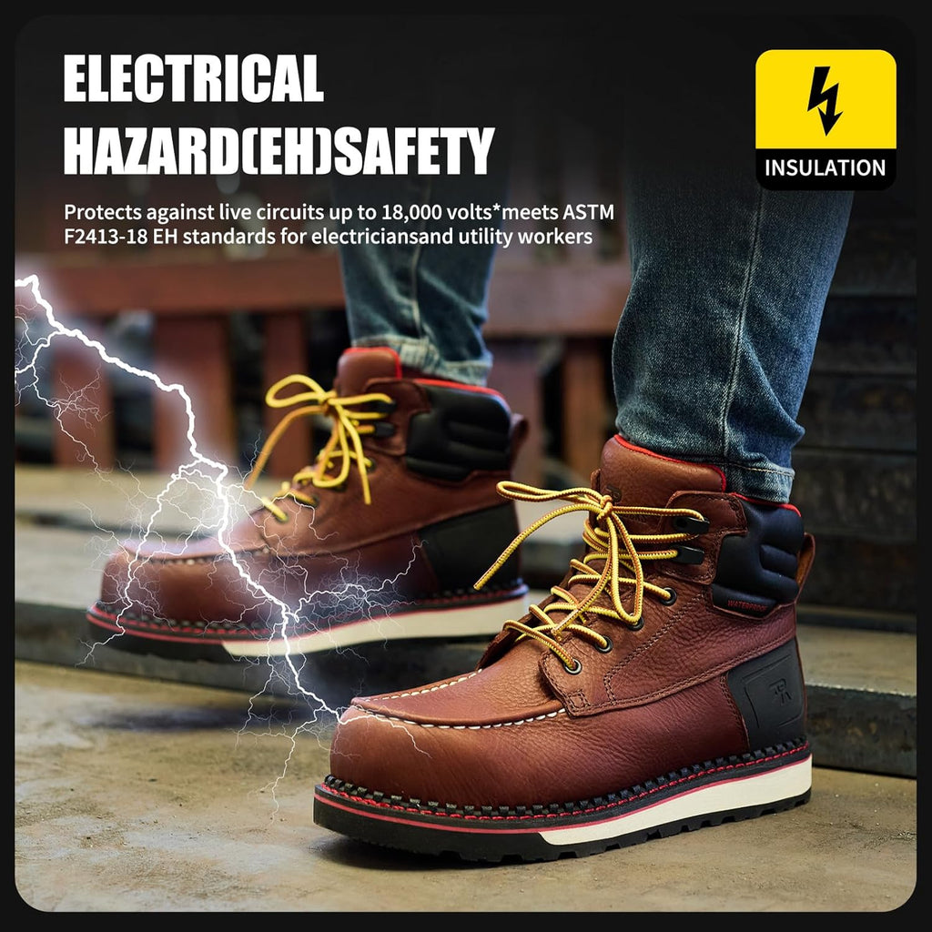 MWORK Welted Blunt Men's 6" Moc Toe Waterproof Work Boots, Comp Toe, Puncture Proof, Slip Resistant Wedge Sole, Coolmax Comfort Leather Safety Boot, Anti-Fatigue, ASTM F2413 Electrical Hazard RR7129