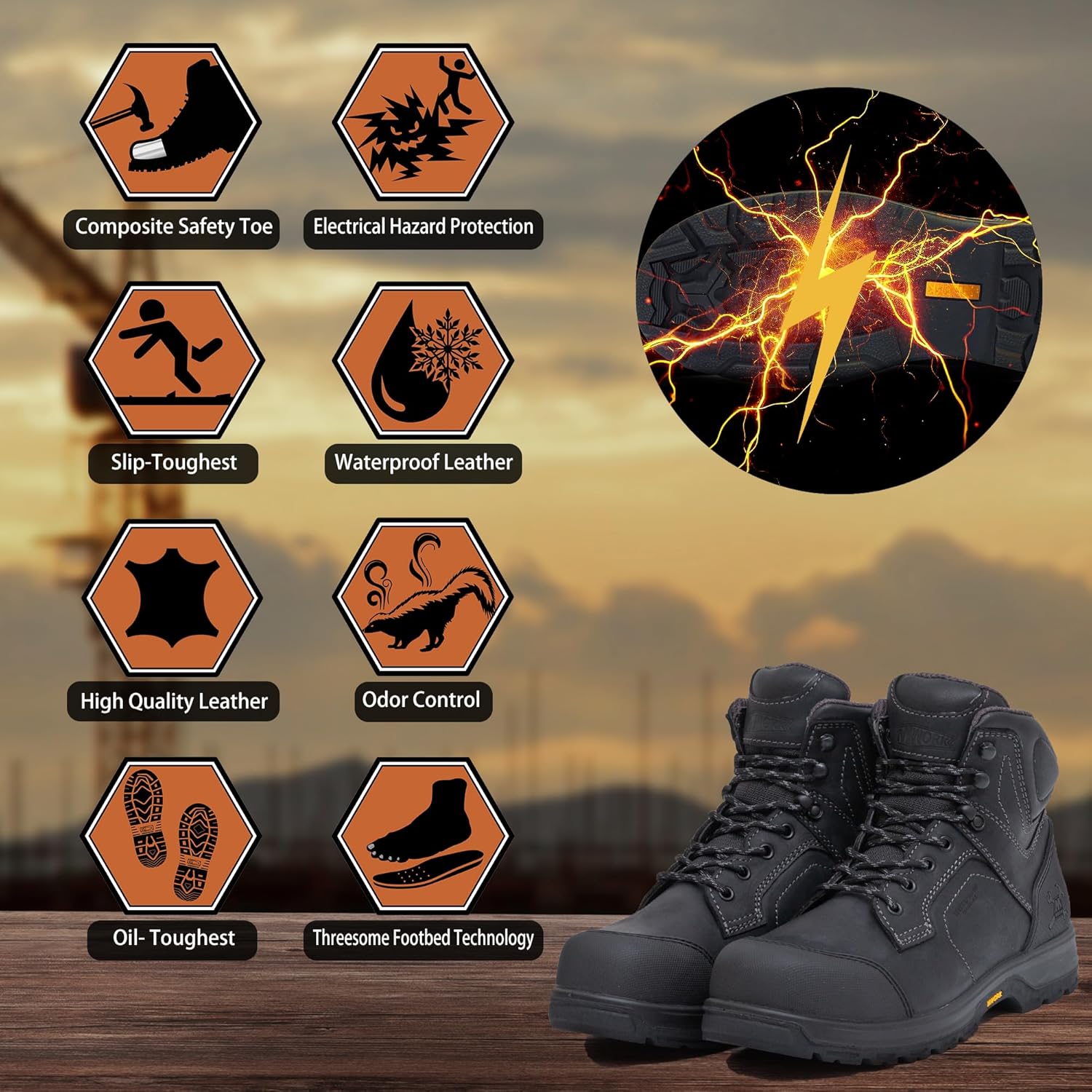 MWORK 6" Work Boots For Men Waterproof Leather ASTM F2413-18 Composite Safety Toe EH Rated Arch Support Anti Fatigue