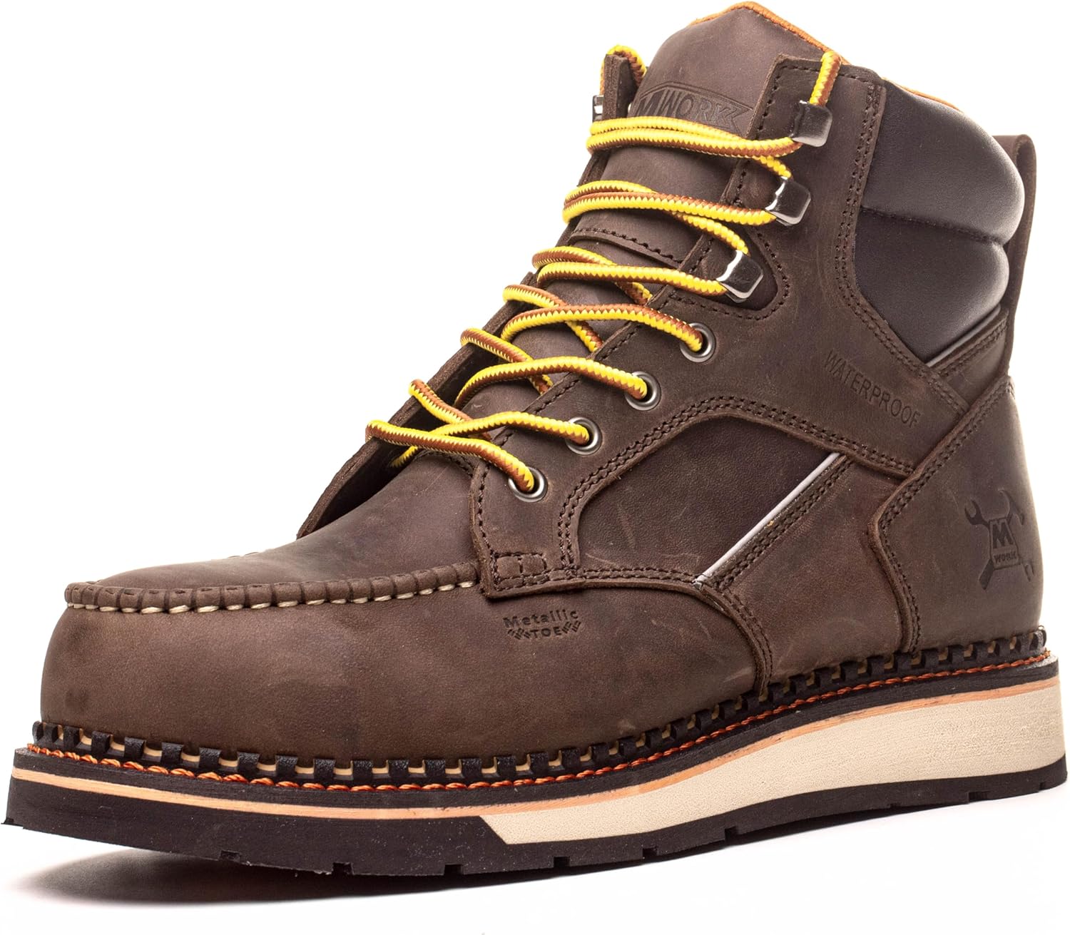 MWORK 6" Moc Toe Work Boots For Men Wedge Sole Leather Waterproof ASTM F2413-18 Safety Metallic Toe EH Rated Arch Support Anti Fatigue