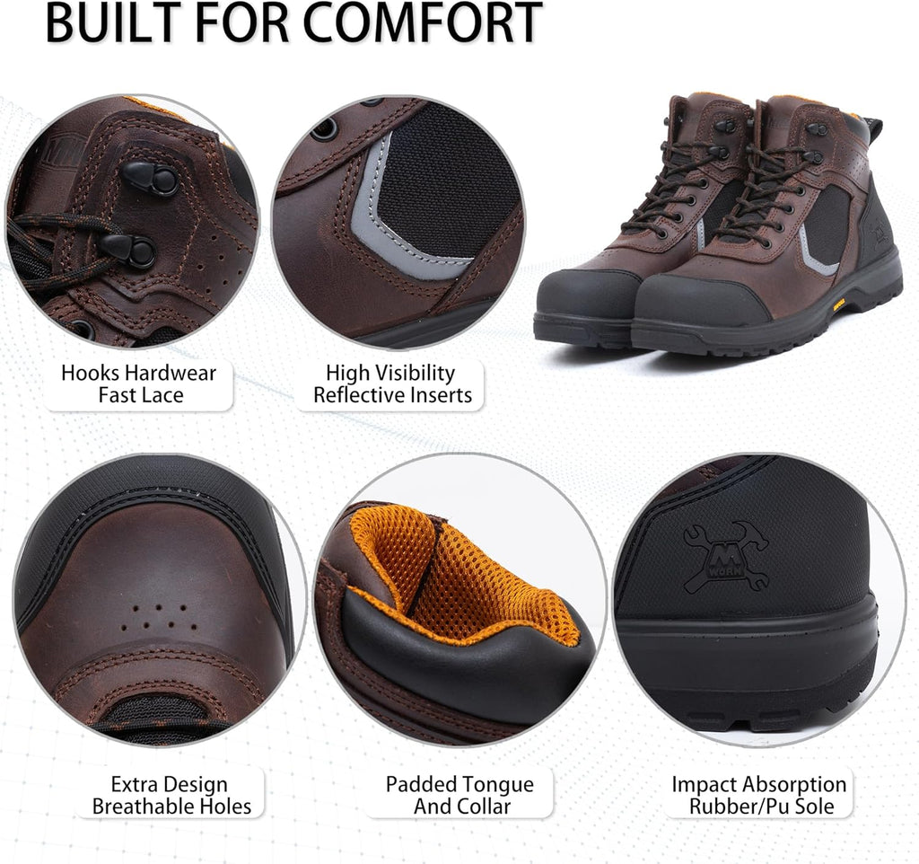 MWORK 6" Work Boots For Men Leather ASTM F2413-18 Composite Safety Toe EH Rated Arch Support Anti Fatigue