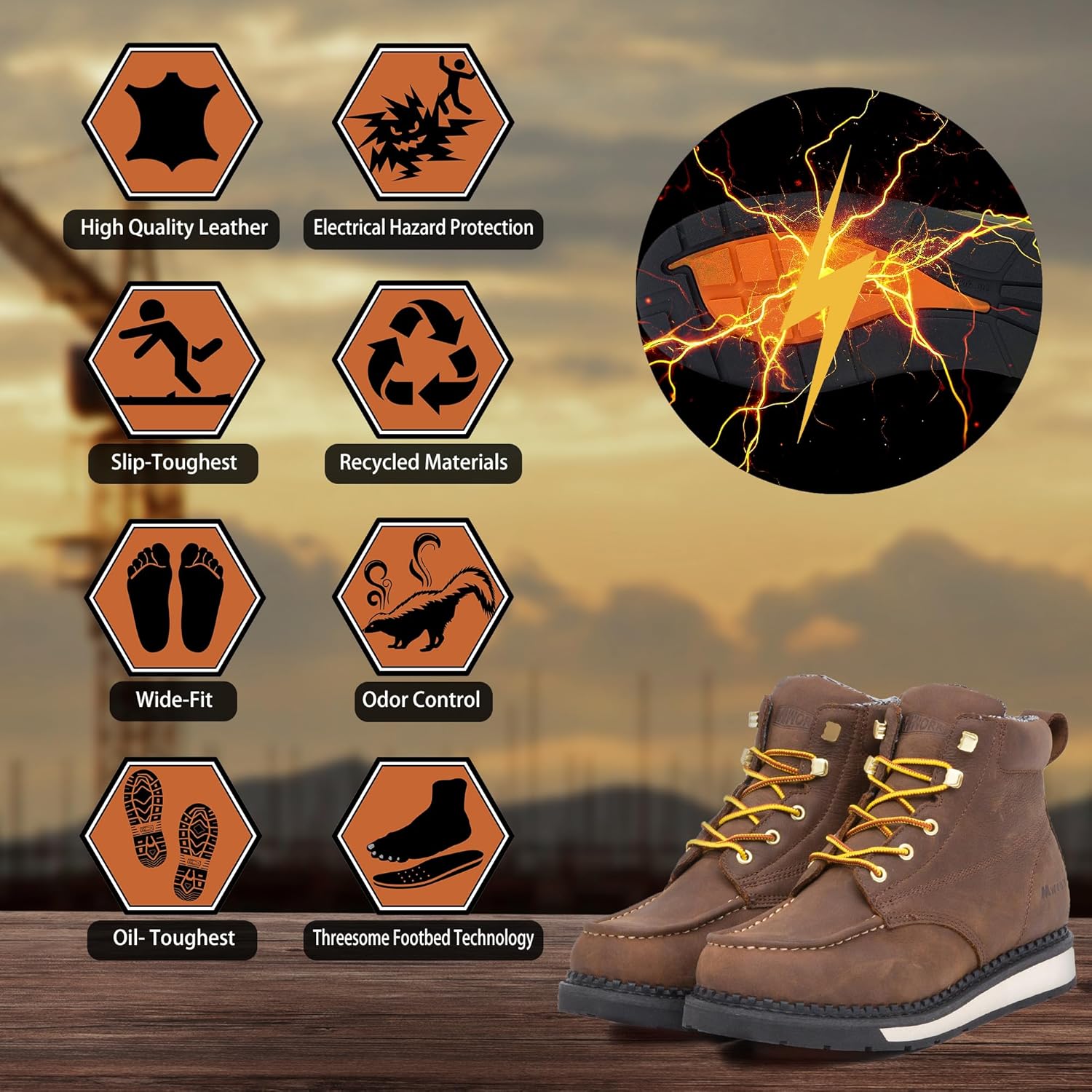 MWORK Men's 6 Inch Soft Moc Toe Work Boot, Premium Full-Grain Leather, Abrasion & Oil & Slip Toughest Wedge Sole, EH Rated, Arch Support Anti Fatigue