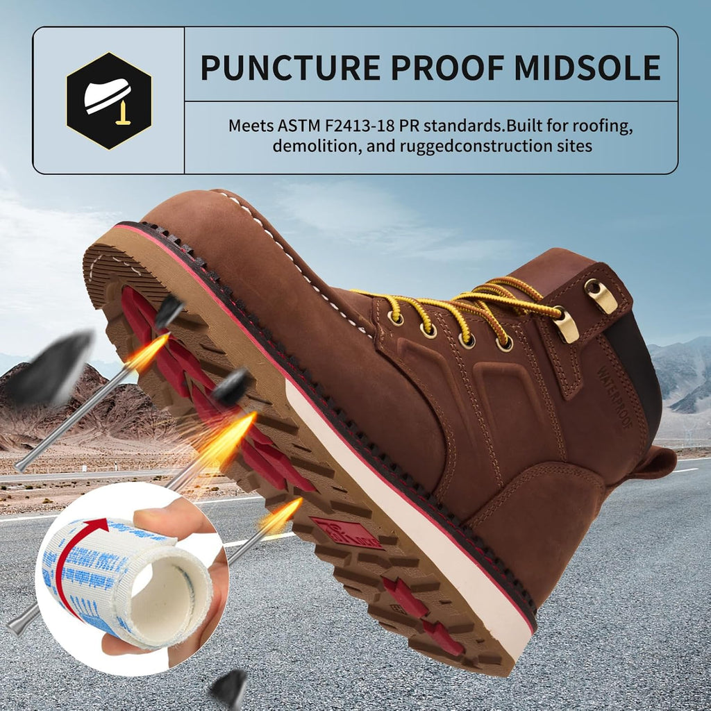 MWORK Welted Blunt Men's 6" Moc Toe Waterproof Work Boots, Comp Toe, Puncture Proof, Slip Resistant Wedge Sole, Coolmax Comfort Leather Safety Boot, Anti-Fatigue, ASTM F2413 Electrical Hazard RR7128