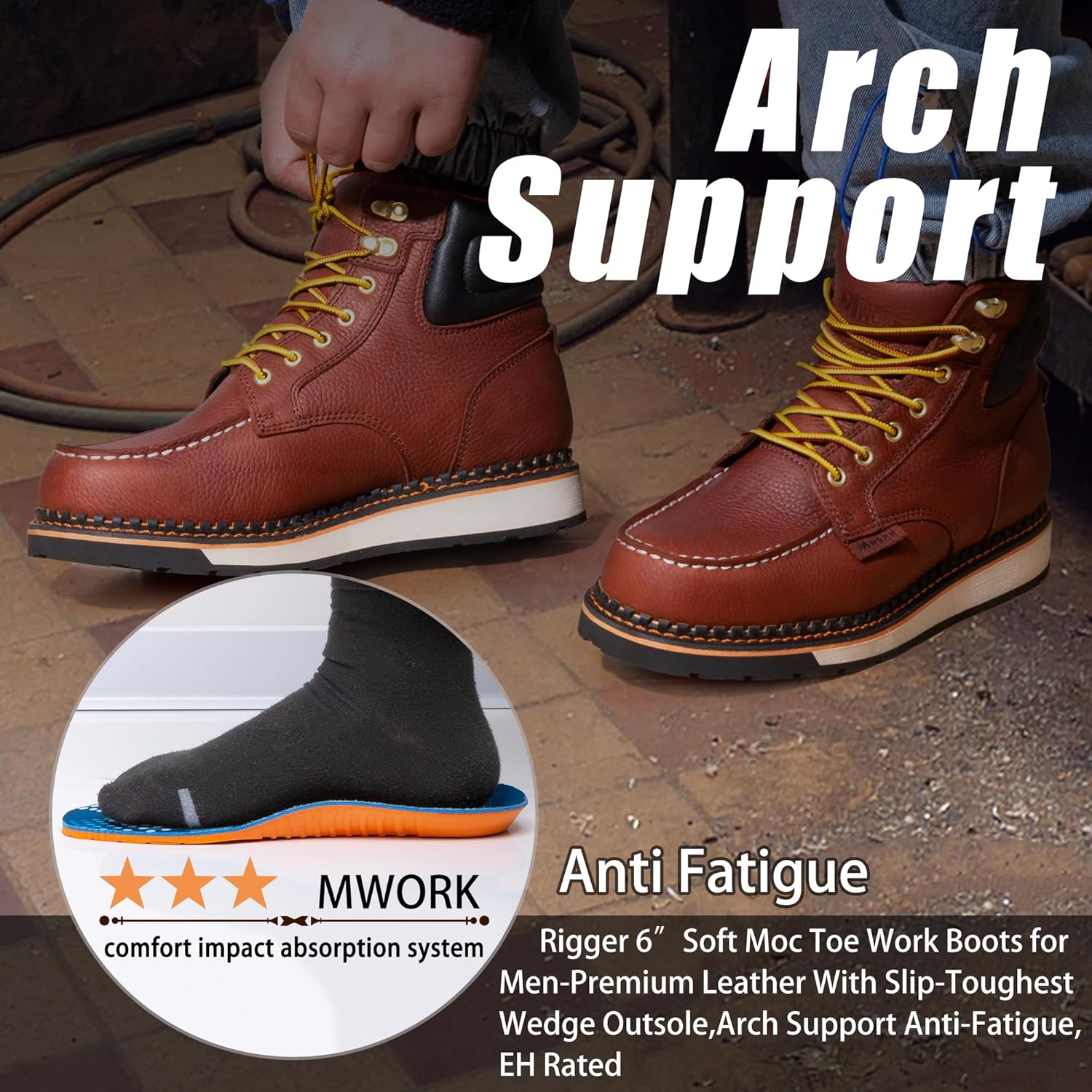 MWORK Men's 6 Inch Soft Moc Toe Work Boot, Premium Full-Grain Leather, Abrasion & Oil & Slip Toughest Wedge Sole, EH Rated, Arch Support Anti Fatigue