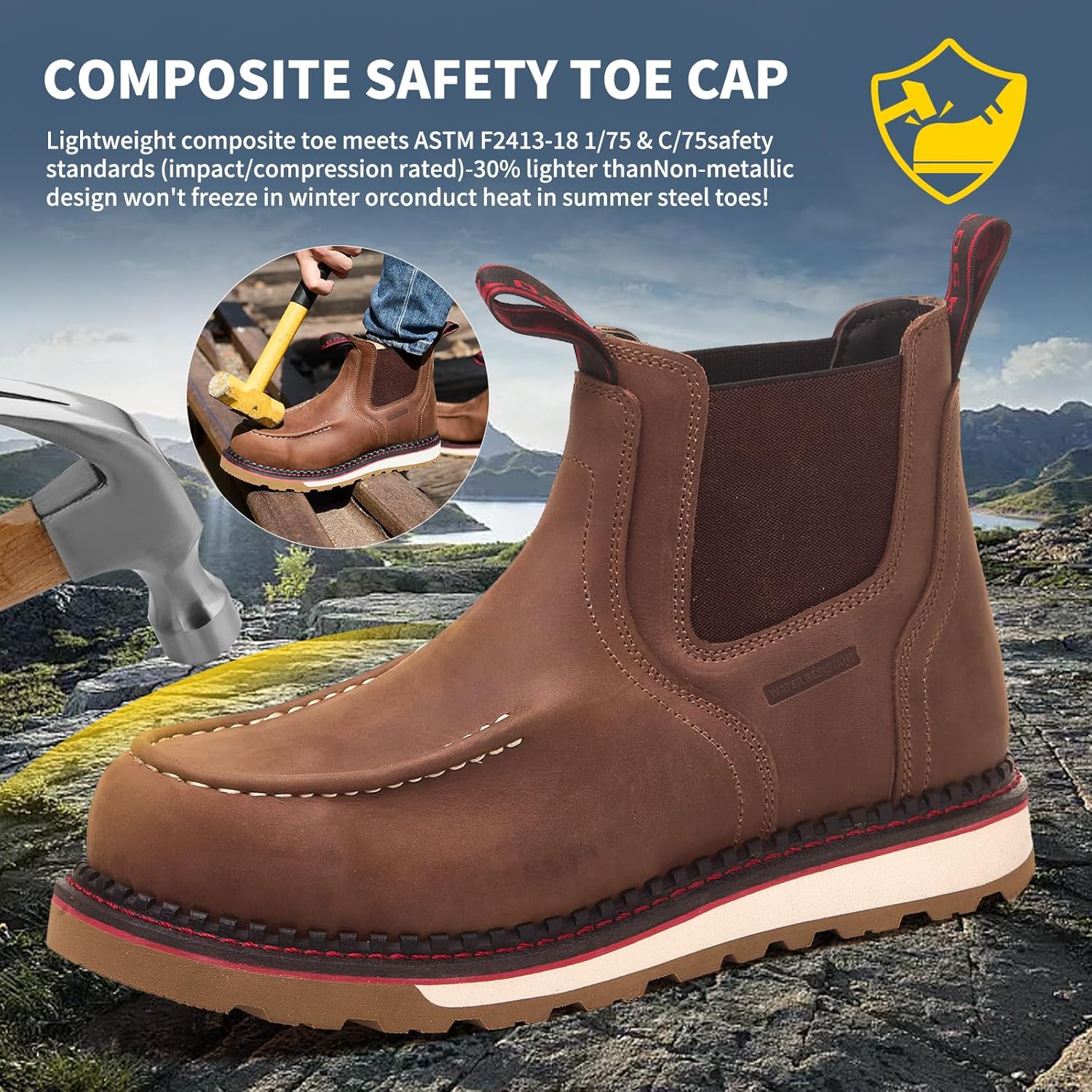 MWORK Welted Blunt Slip-On Men's 6" Moc Toe Water-Resistant Work Boots,Comp Toe, Puncture Proof,Non-Slip Wedge Sole,Coolmax Comfort Leather Safety Boot,Anti-Fatigue,ASTM F2413 Electrical Hazard RR7130