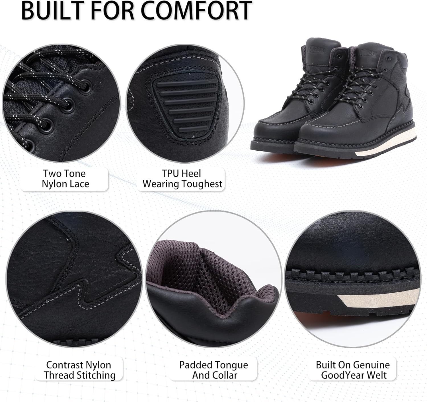 MWORK Men's 6 Inch Soft Moc Toe Work Boot, Premium Full-Grain Leather, Abrasion & Oil & Slip Toughest Wedge Sole, EH Rated, Arch Support Anti Fatigue