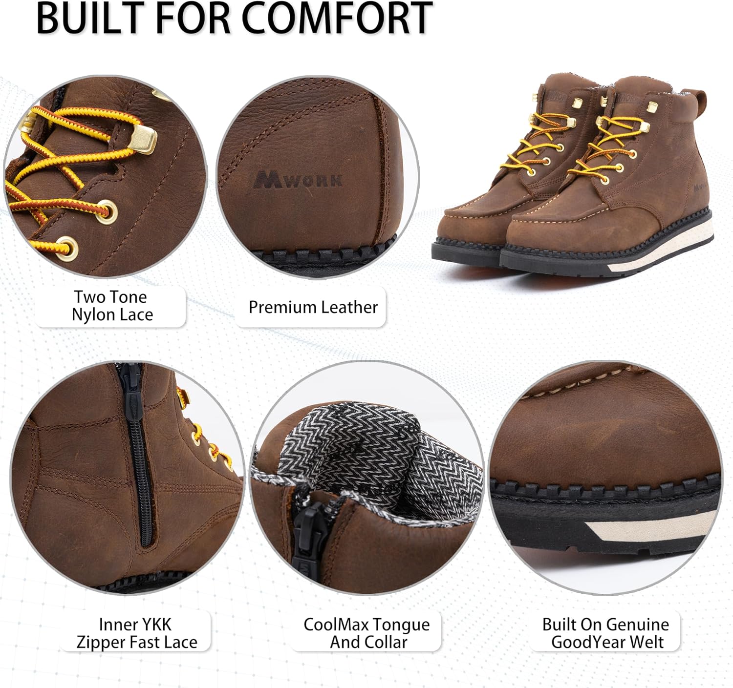 MWORK Men's 6 Inch Soft Moc Toe Work Boot, Premium Full-Grain Leather, Abrasion & Oil & Slip Toughest Wedge Sole, EH Rated, Arch Support Anti Fatigue