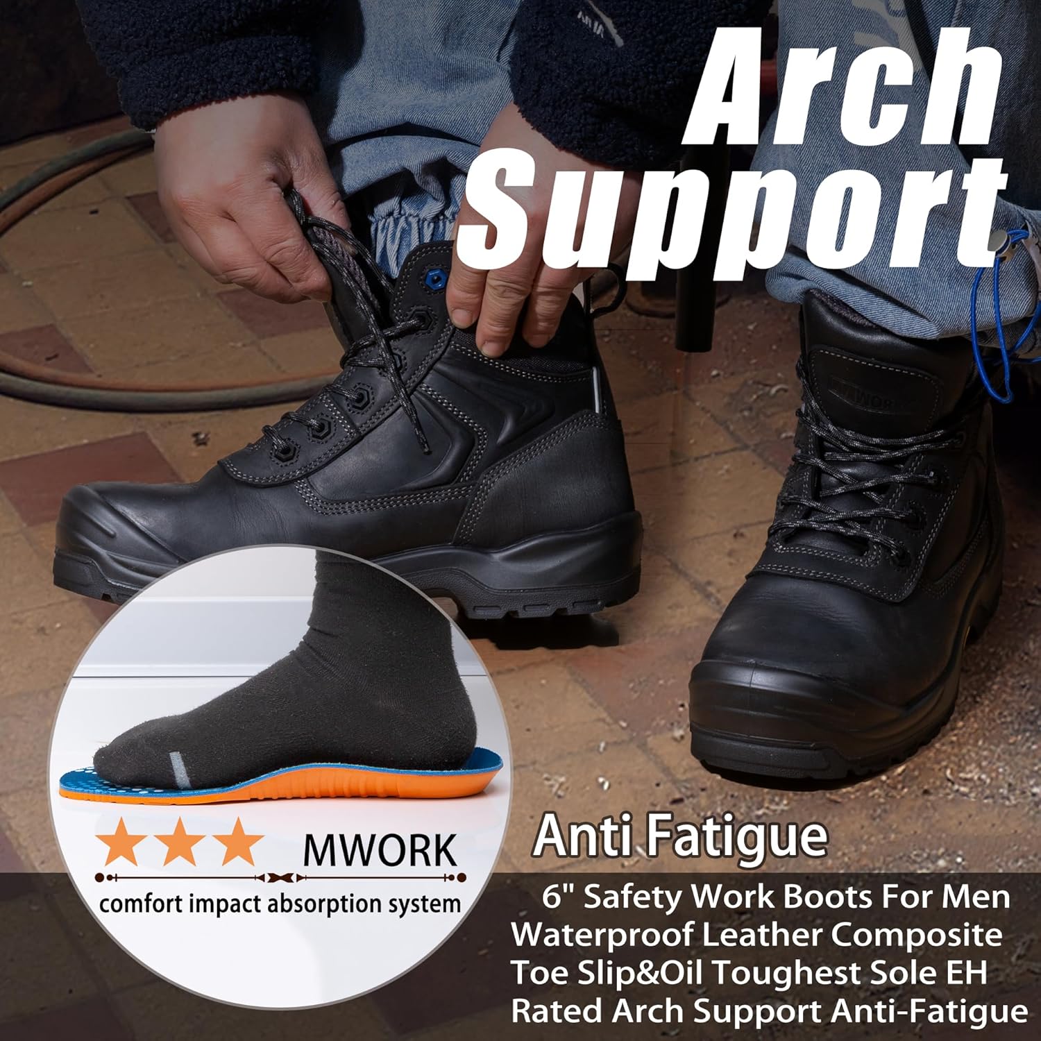 MWORK 6" Safety Work Boots For Men Water Resistant Composite Toe Puncture Resistant EH Non Slip No Metal ASTM F2413-18 Comfortable&Durable MW9276