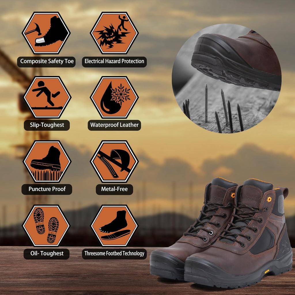 MWORK 6" Safety Work Boots For Men Water Resistant Composite Toe Puncture Resistant EH Non Slip No Metal ASTM F2413-18 Comfortable&Durable MW9276