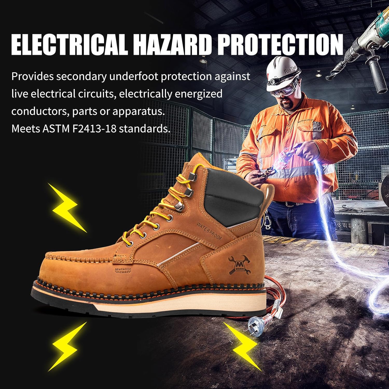 MWORK 6" Moc Toe Work Boots For Men Wedge Sole Leather Waterproof ASTM F2413-18 Safety Metallic Toe EH Rated Arch Support Anti Fatigue