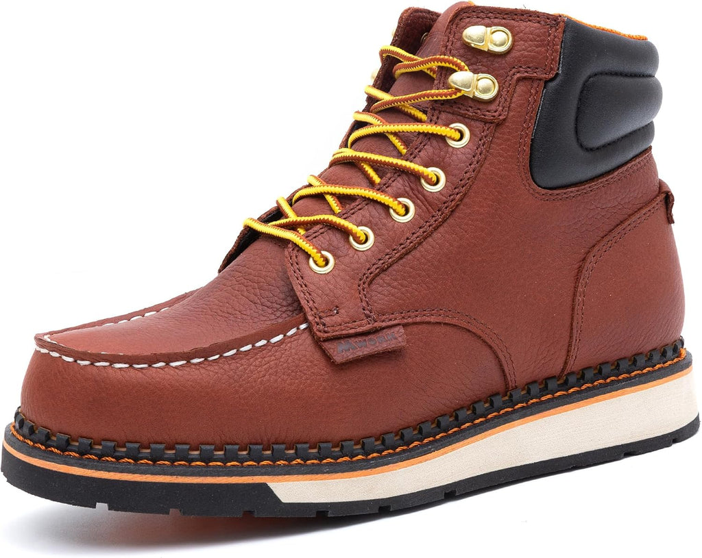 MWORK Men's 6 Inch Soft Moc Toe Work Boot, Premium Full-Grain Leather, Abrasion & Oil & Slip Toughest Wedge Sole, EH Rated, Arch Support Anti Fatigue