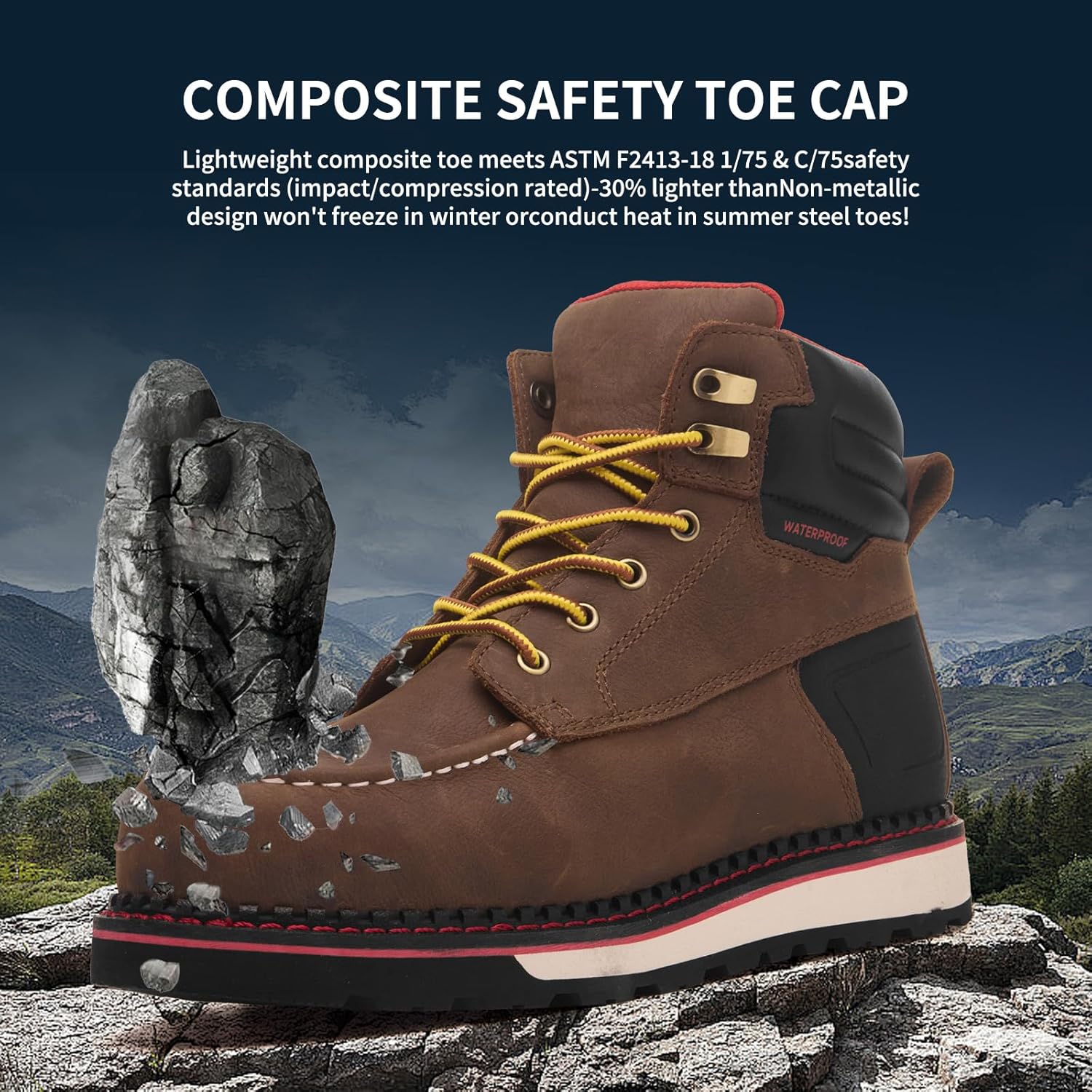 MWORK Welted Blunt Men's 6" Moc Toe Waterproof Work Boots, Comp Toe, Puncture Proof, Slip Resistant Wedge Sole, Coolmax Comfort Leather Safety Boot, Anti-Fatigue, ASTM F2413 Electrical Hazard RR7129