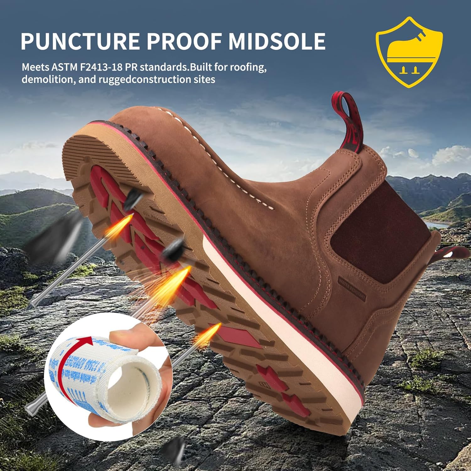 MWORK Welted Blunt Slip-On Men's 6" Moc Toe Water-Resistant Work Boots,Comp Toe, Puncture Proof,Non-Slip Wedge Sole,Coolmax Comfort Leather Safety Boot,Anti-Fatigue,ASTM F2413 Electrical Hazard RR7130