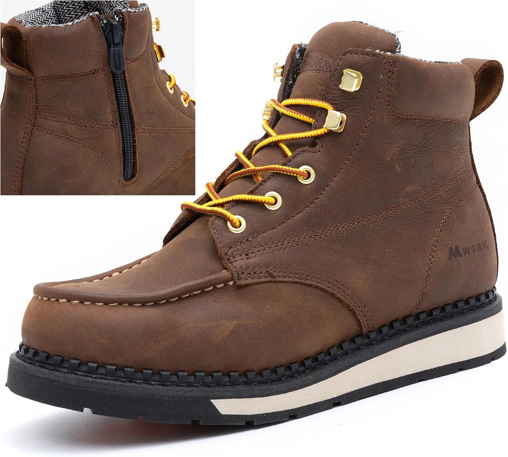MWORK Men's 6 Inch Soft Moc Toe Work Boot, Premium Full-Grain Leather, Abrasion & Oil & Slip Toughest Wedge Sole, EH Rated, Arch Support Anti Fatigue