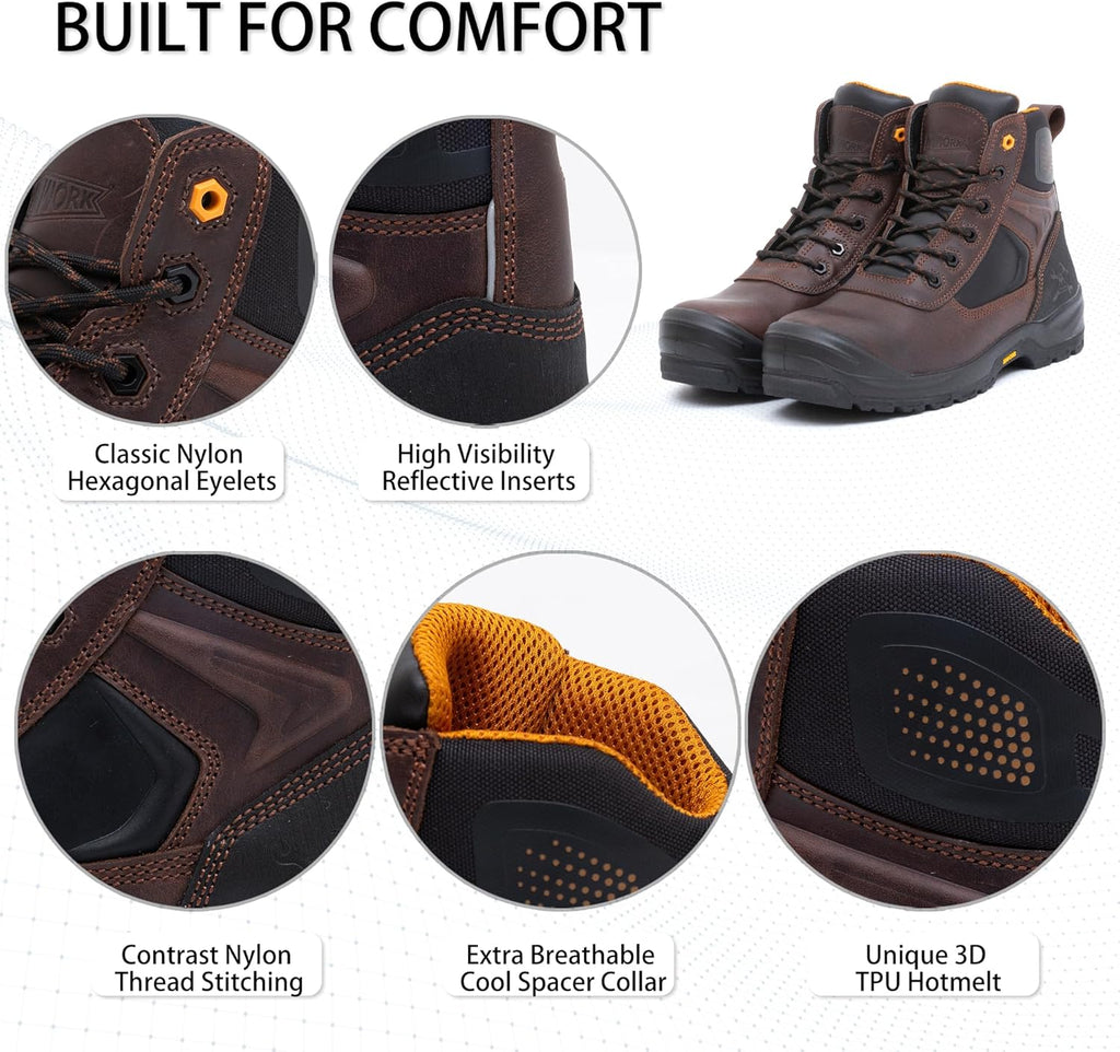 MWORK 6" Safety Work Boots For Men Water Resistant Composite Toe Puncture Resistant EH Non Slip No Metal ASTM F2413-18 Comfortable&Durable MW9276
