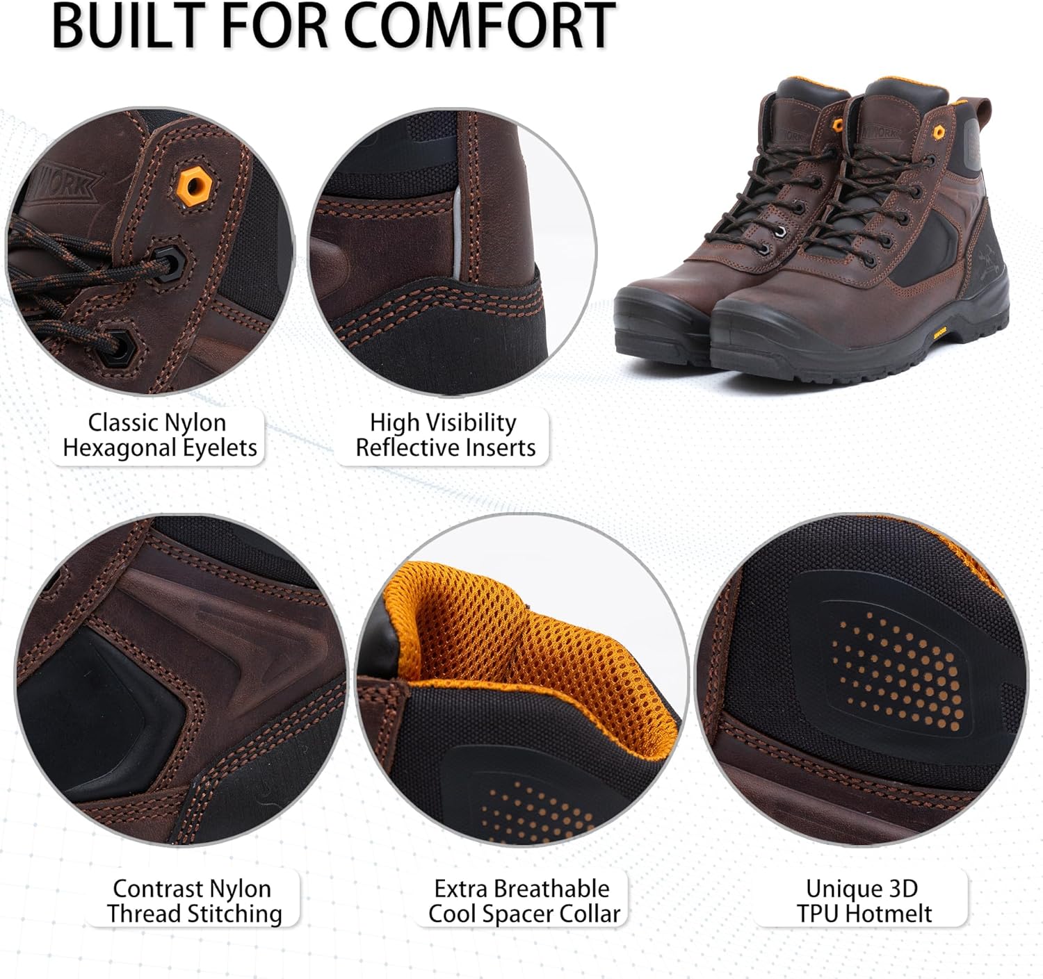 MWORK 6" Safety Work Boots For Men Water Resistant Composite Toe Puncture Resistant EH Non Slip No Metal ASTM F2413-18 Comfortable&Durable MW9276