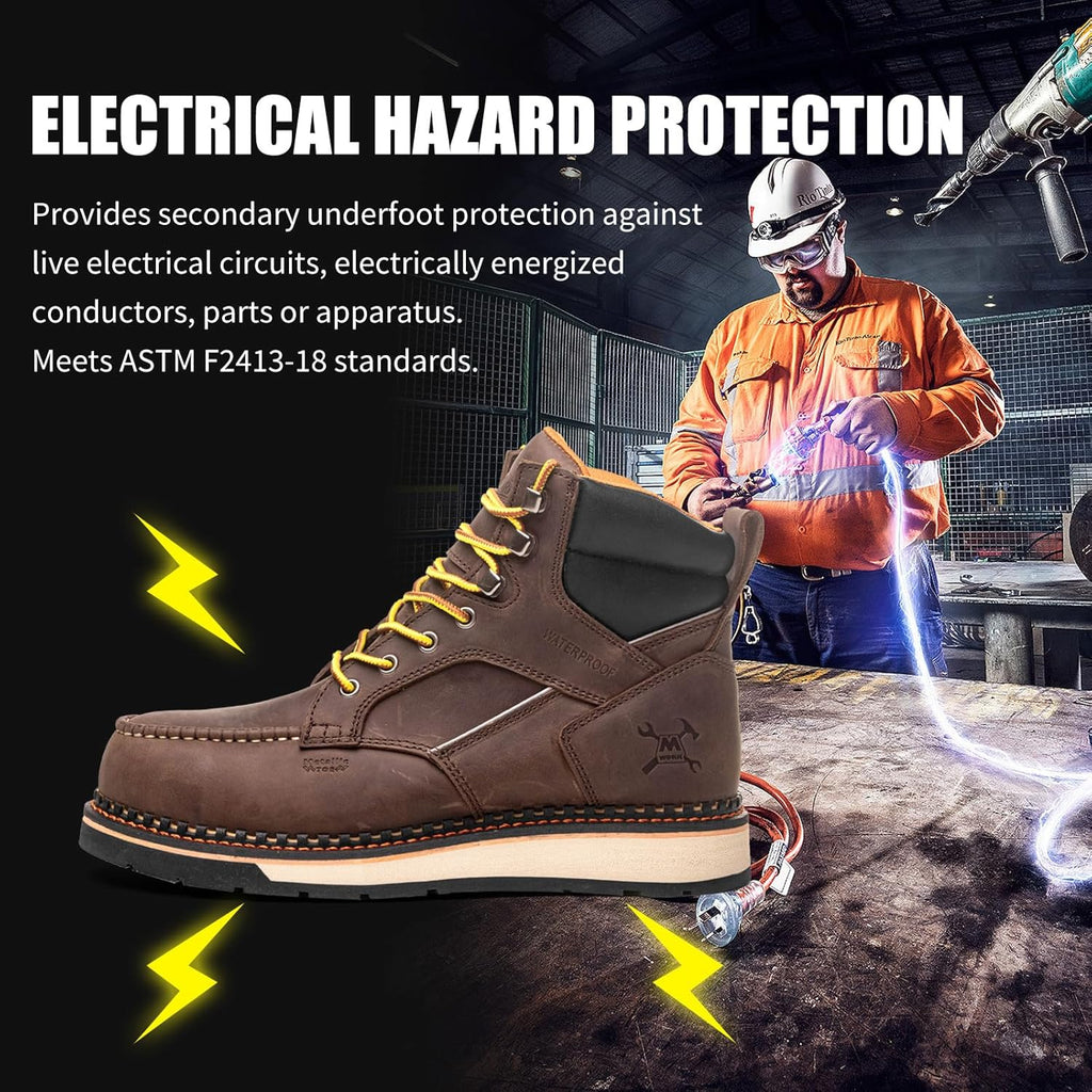 MWORK 6" Moc Toe Work Boots For Men Wedge Sole Leather Waterproof ASTM F2413-18 Safety Metallic Toe EH Rated Arch Support Anti Fatigue