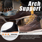 MWORK 6" Moc Toe Work Boots For Men Wedge Sole Leather Waterproof ASTM F2413-18 Safety Metallic Toe EH Rated Arch Support Anti Fatigue