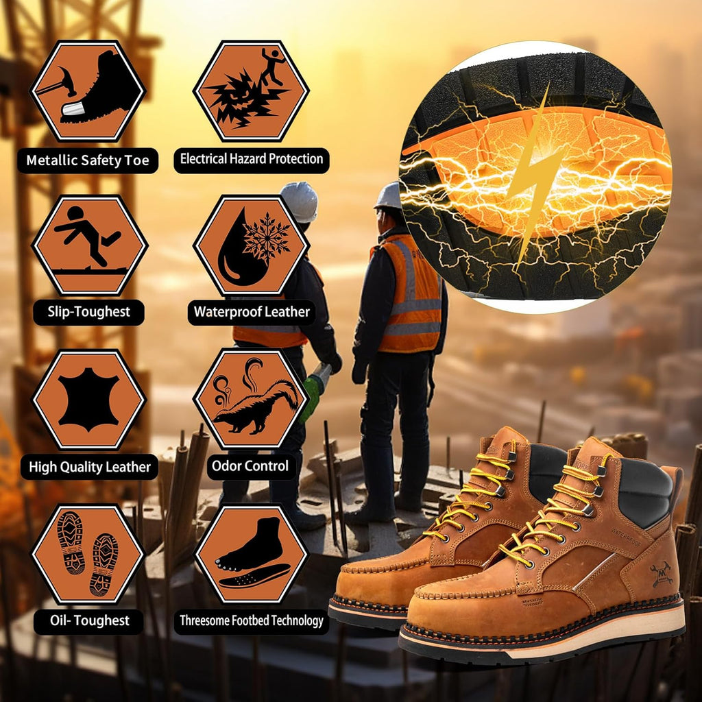 MWORK 6" Moc Toe Work Boots For Men Wedge Sole Leather Waterproof ASTM F2413-18 Safety Metallic Toe EH Rated Arch Support Anti Fatigue