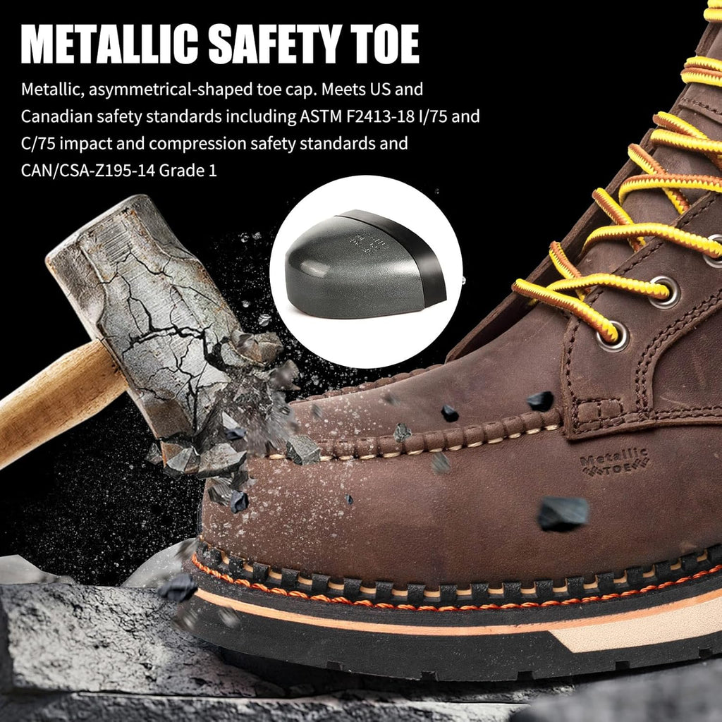 MWORK 6" Moc Toe Work Boots For Men Wedge Sole Leather Waterproof ASTM F2413-18 Safety Metallic Toe EH Rated Arch Support Anti Fatigue