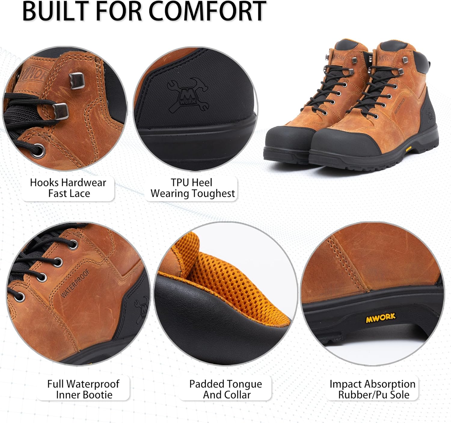 MWORK 6" Work Boots For Men Waterproof Leather ASTM F2413-18 Composite Safety Toe EH Rated Arch Support Anti Fatigue