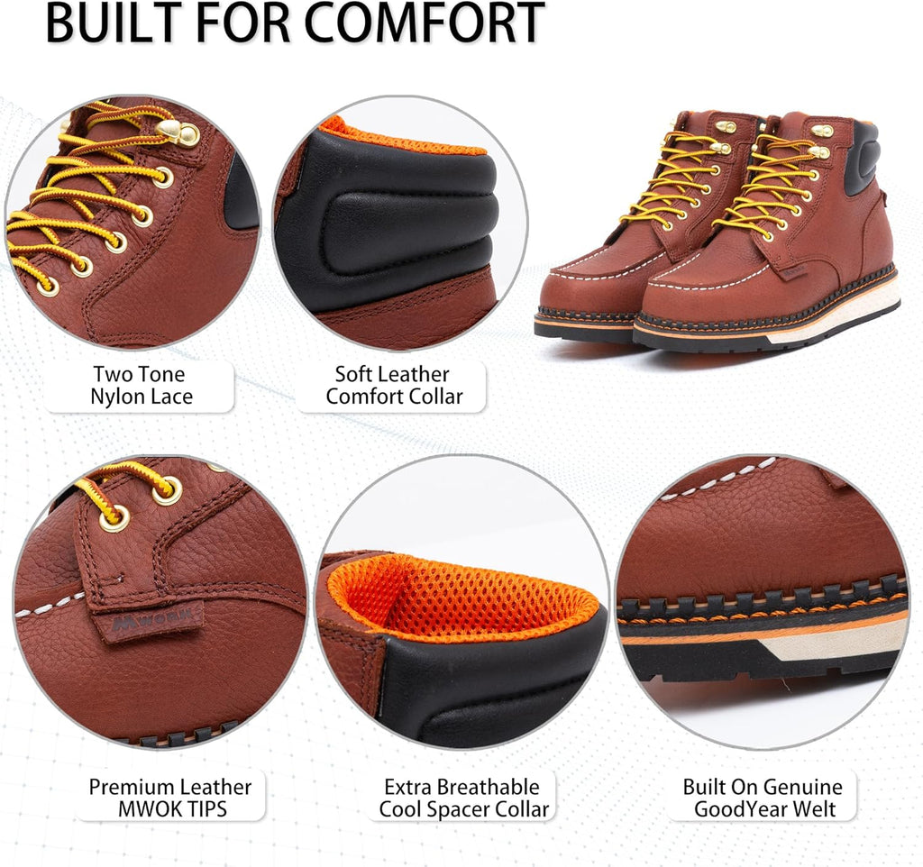 MWORK Men's 6 Inch Soft Moc Toe Work Boot, Premium Full-Grain Leather, Abrasion & Oil & Slip Toughest Wedge Sole, EH Rated, Arch Support Anti Fatigue