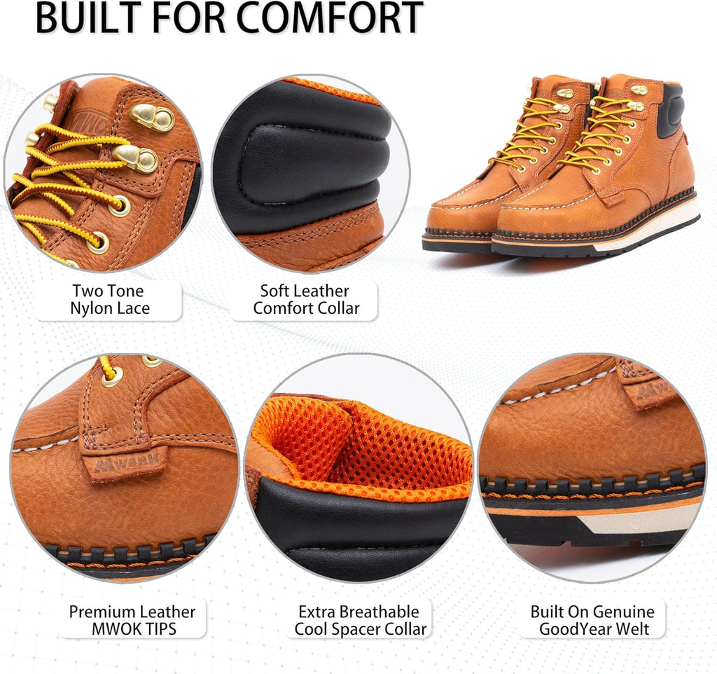 MWORK Men's 6 Inch Soft Moc Toe Work Boot, Premium Full-Grain Leather, Abrasion & Oil & Slip Toughest Wedge Sole, EH Rated, Arch Support Anti Fatigue