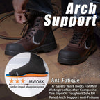 MWORK 6" Work Boots For Men Leather ASTM F2413-18 Composite Safety Toe EH Rated Arch Support Anti Fatigue