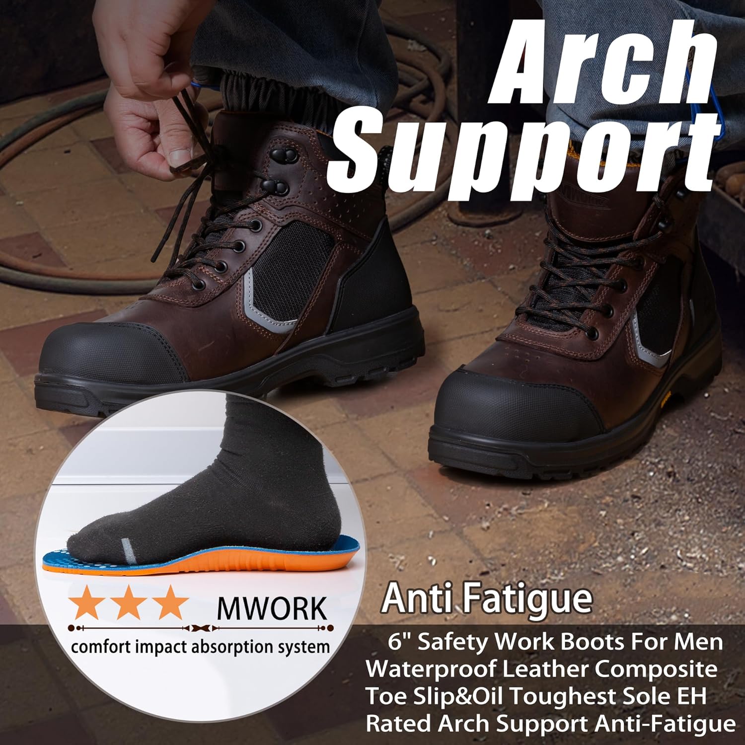 MWORK 6" Work Boots For Men Leather ASTM F2413-18 Composite Safety Toe EH Rated Arch Support Anti Fatigue