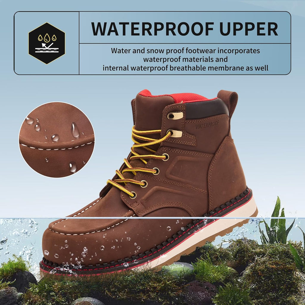 MWORK Welted Blunt Men's 6" Moc Toe Waterproof Work Boots, Comp Toe, Puncture Proof, Slip Resistant Wedge Sole, Coolmax Comfort Leather Safety Boot, Anti-Fatigue, ASTM F2413 Electrical Hazard RR7128