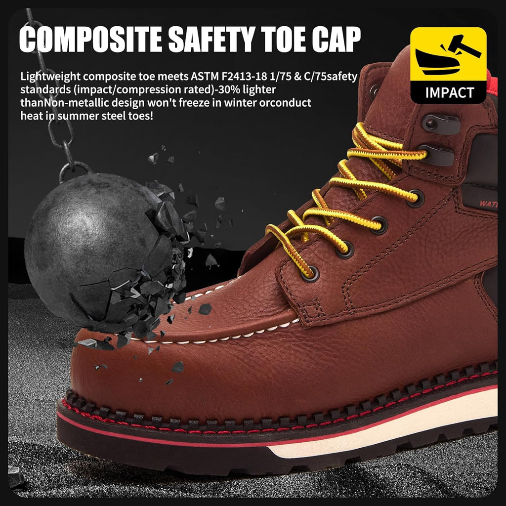 MWORK Welted Blunt Men's 6" Moc Toe Waterproof Work Boots, Comp Toe, Puncture Proof, Slip Resistant Wedge Sole, Coolmax Comfort Leather Safety Boot, Anti-Fatigue, ASTM F2413 Electrical Hazard RR7129