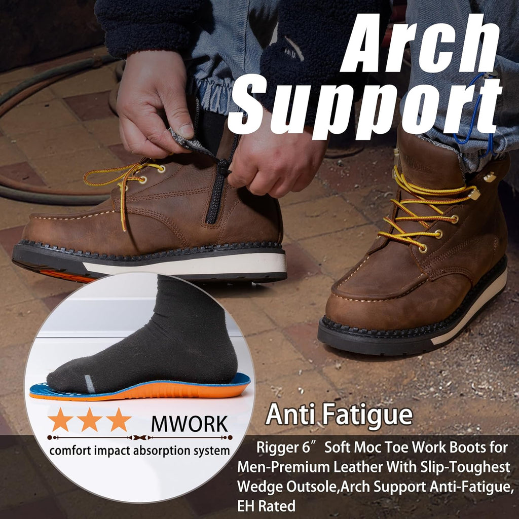 MWORK Men's 6 Inch Soft Moc Toe Work Boot, Premium Full-Grain Leather, Abrasion & Oil & Slip Toughest Wedge Sole, EH Rated, Arch Support Anti Fatigue