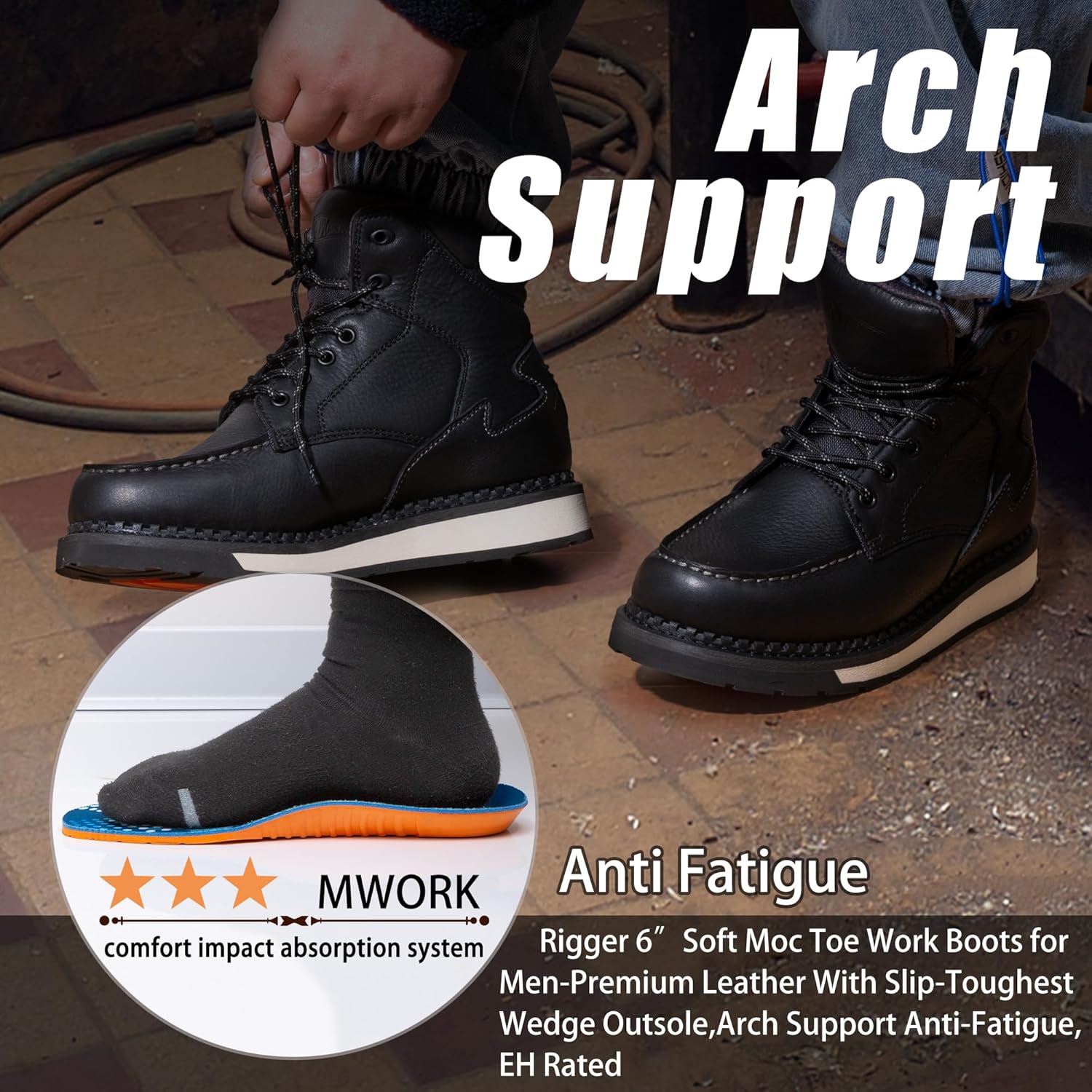 MWORK Men's 6 Inch Soft Moc Toe Work Boot, Premium Full-Grain Leather, Abrasion & Oil & Slip Toughest Wedge Sole, EH Rated, Arch Support Anti Fatigue