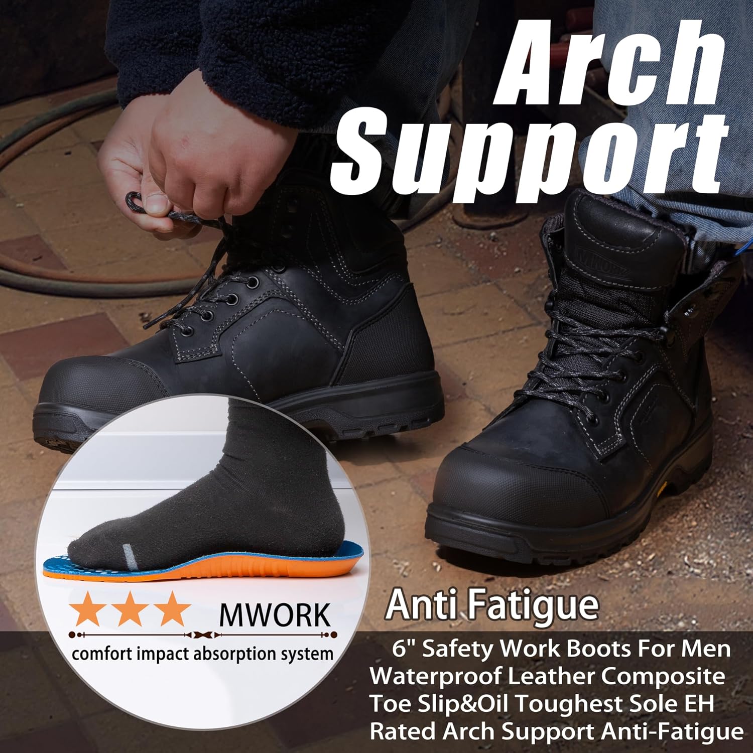 MWORK 6" Work Boots For Men Waterproof Leather ASTM F2413-18 Composite Safety Toe EH Rated Arch Support Anti Fatigue